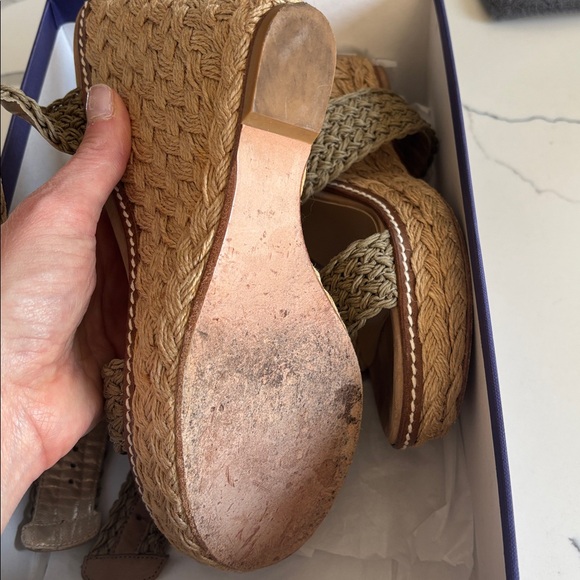 EUC - Stuart Weitzman Alex Crochet Espadrille Wedge Sandals Swamp Khaki - Picture 8 of 10